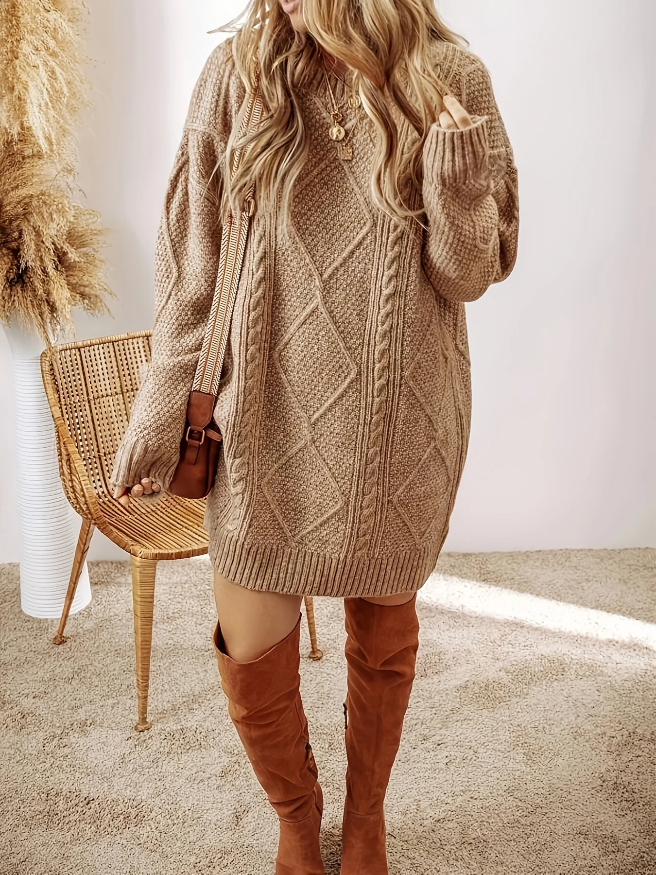 European and American autumn winter knitted casual loose round neck pullover cable knit sweater dress for women 251022