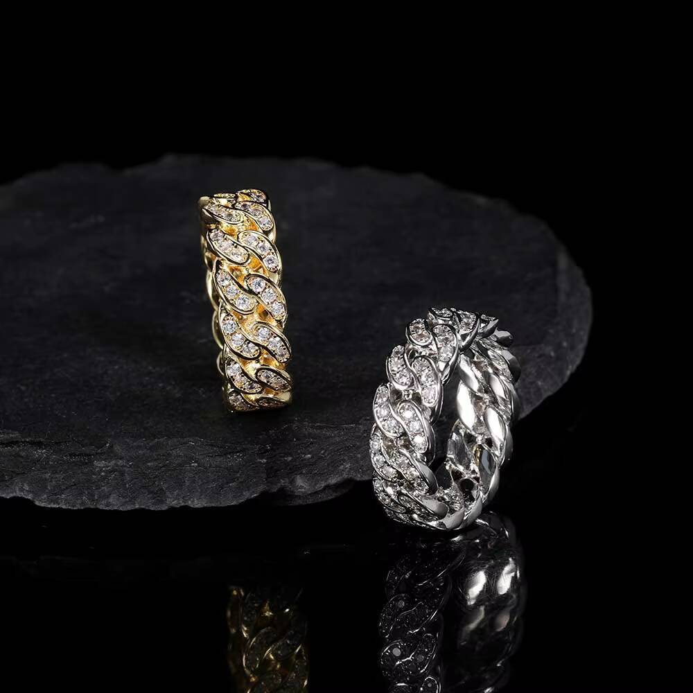 NUOYA Mens White Gold Plated 925 Sterling Silver Hip Hop Iced Out Moissanite Cuban Link Ring for Wedding and Party Fine Jewelry