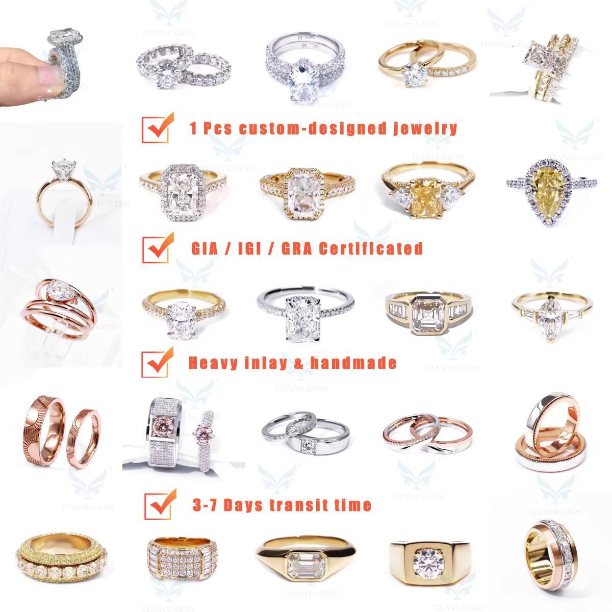 Tianyu Three Stones Lab Grown Moissanite Diamonds 34 Eternity Wedding Band Silver 925 10K 14K 18K Solid Gold Engagement Ring