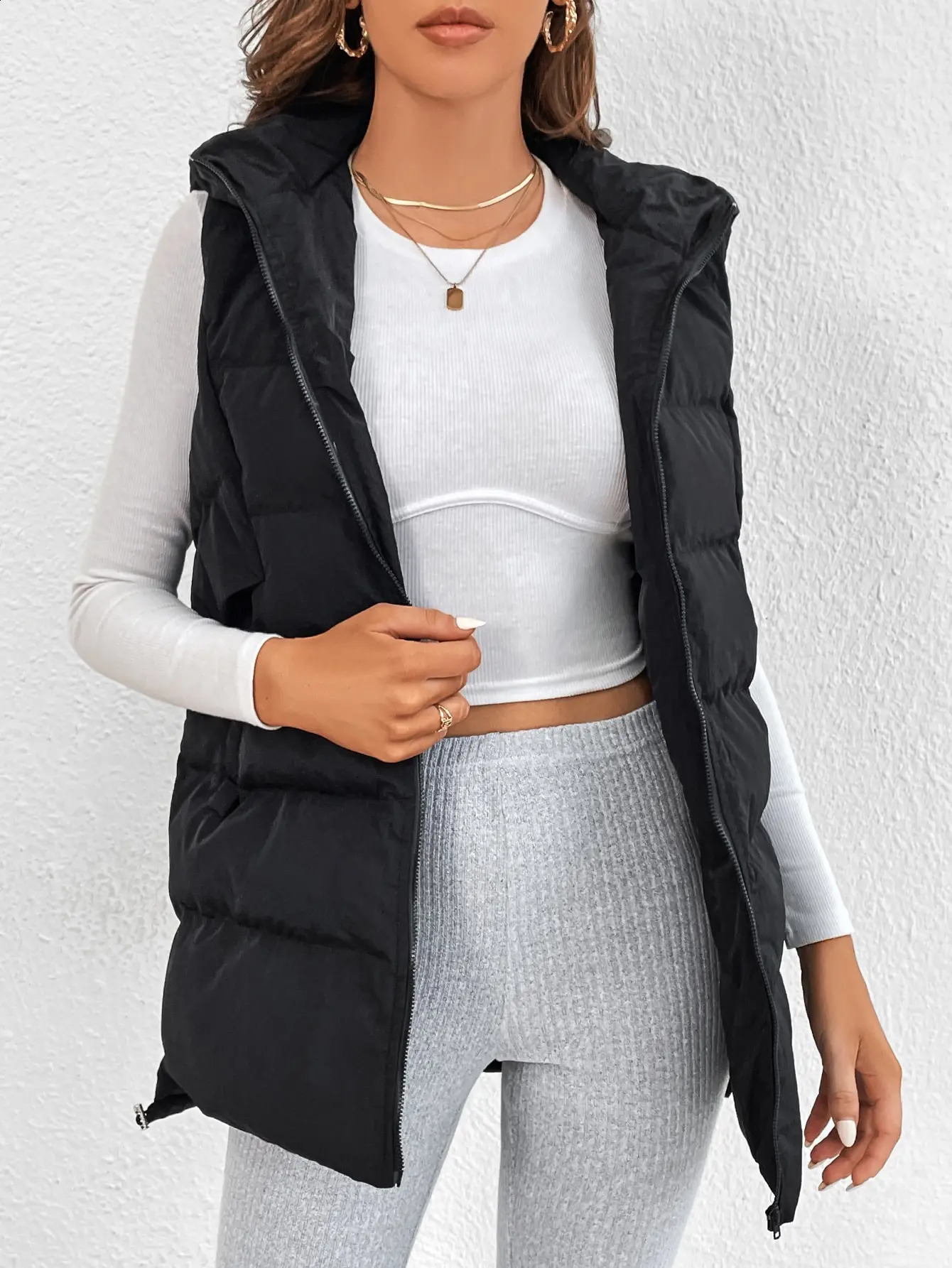 Crossborder Foreign Trade Europe and the United States Solid Color Cotton Jacket Hooded Long Zipper Vest Coat Female 251018