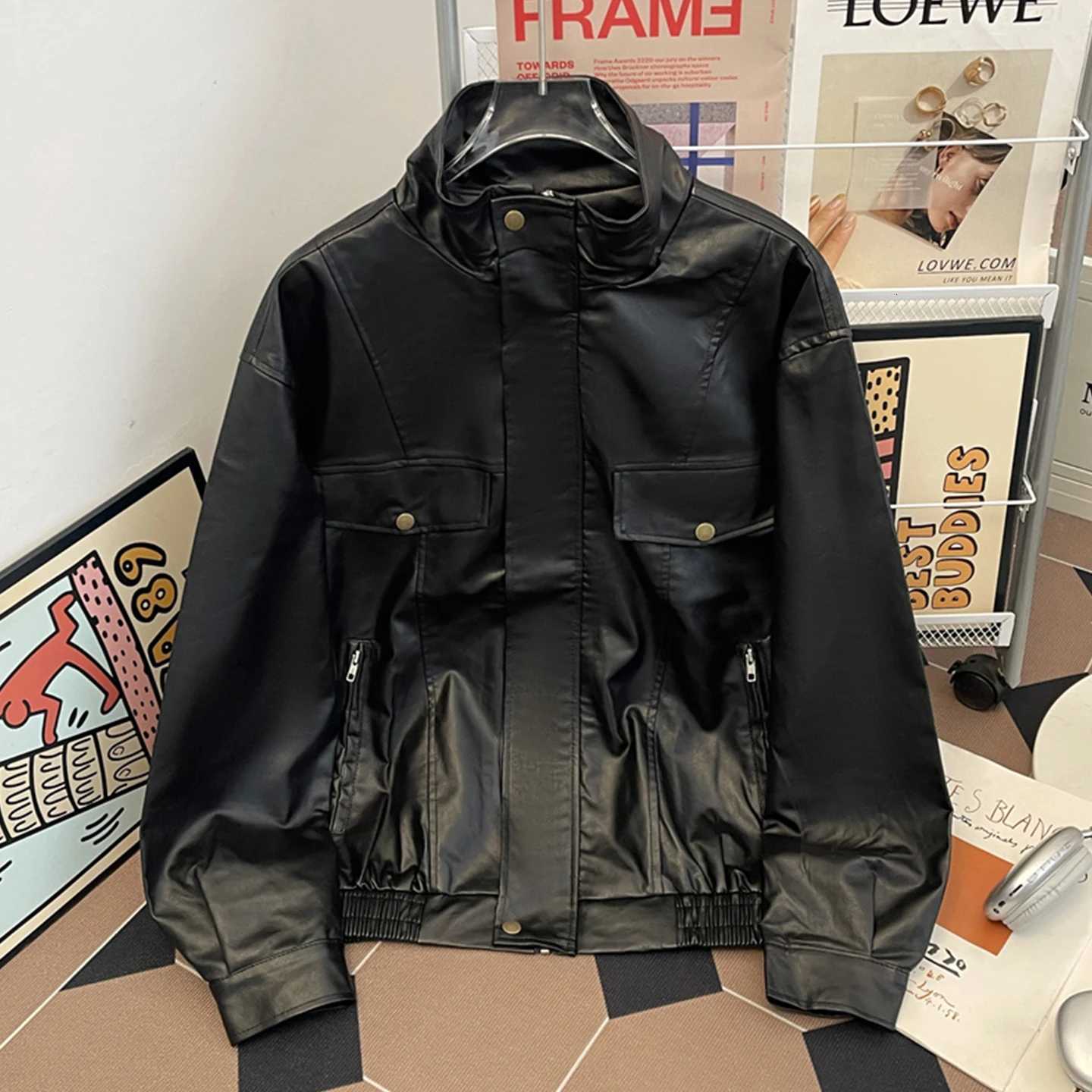Stand Up Collar PU Leather Jacket For Men Spring Autumn Black Windproof Coat American Casual Fashion Retro Moto Biker Jackets W251023