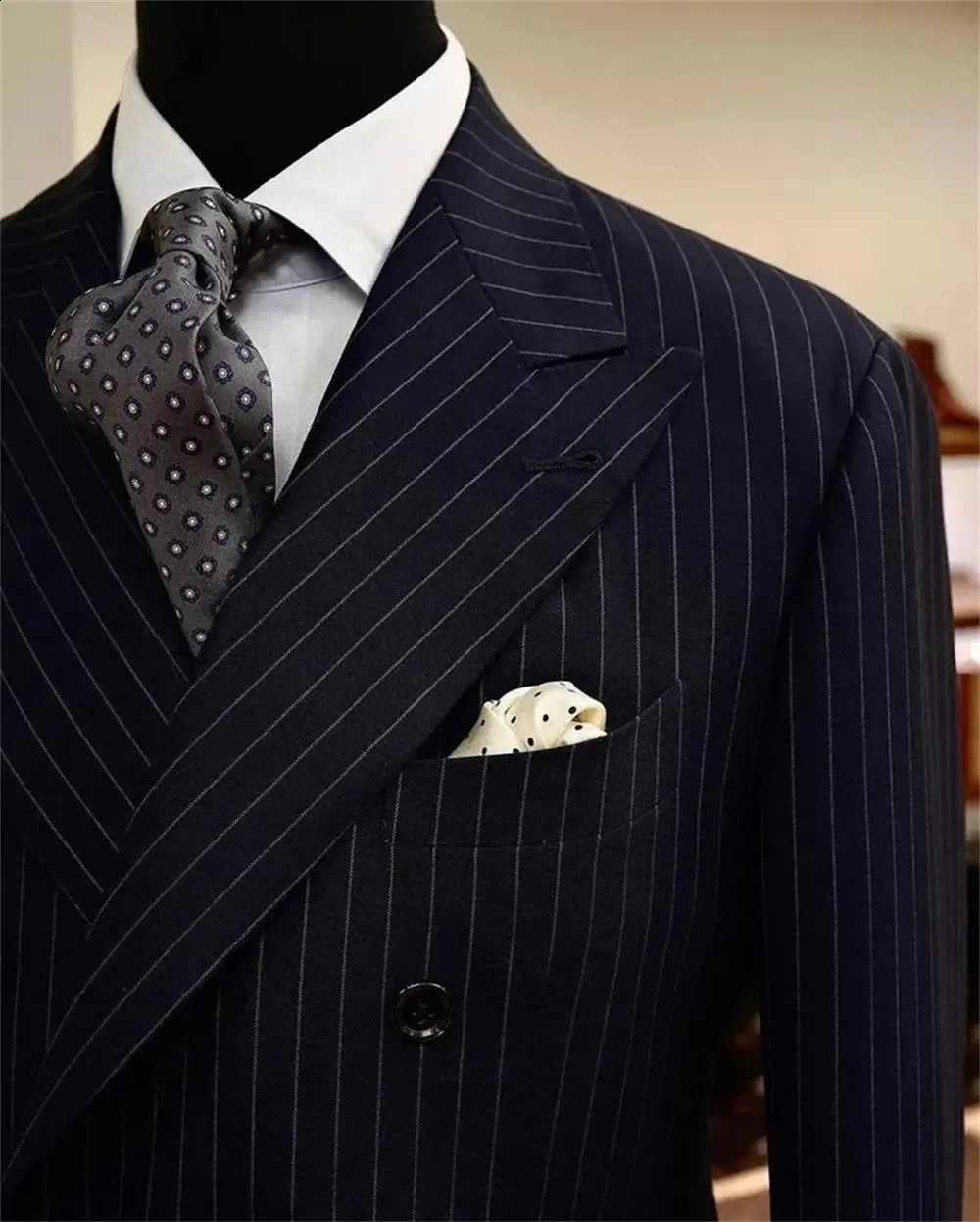 Navy Blue Striped mens business suit set Jacket striped pants Double breasted slim fit Mens Wedding Banquet Dress 251023