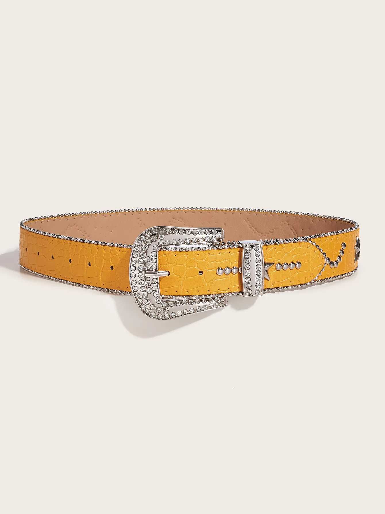 1pc Mens Yellow Punk Rock Y2K Style Star Rhinestone Studded Buckle Belt Versatile Accessory For Daily Wear With JeansXJ251023