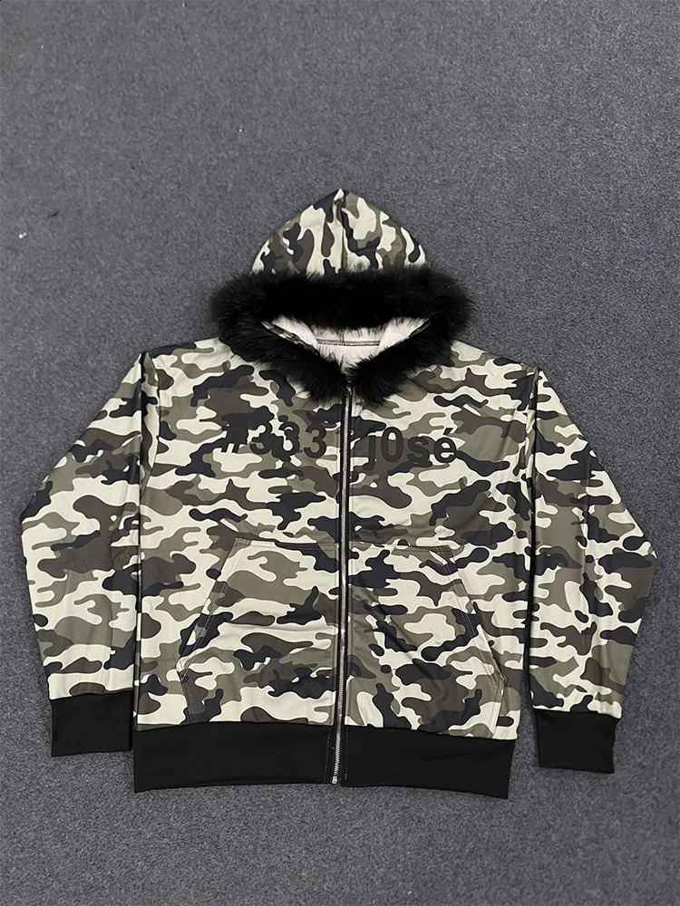 Winter Camouflage Pattern Hoodie womens Warm Fluffy Fur Collar sweatshirt Casual Trendy Hooded zipup woman clothing 251022