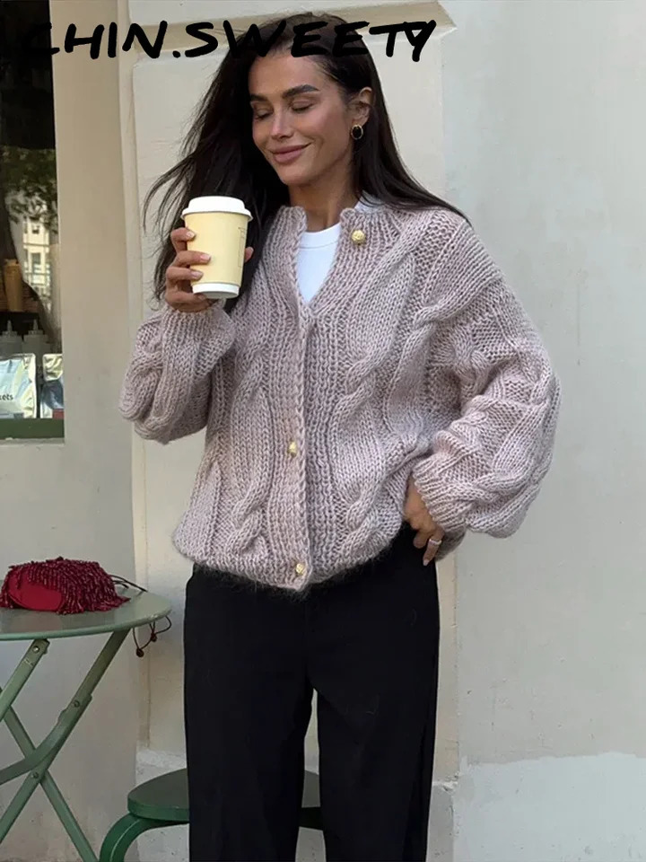 Elegant Thickknit Womens Sweater Loose Solid Oneck Single Breasted Sweaters Female Autumn Winter Fashion Lady Knitwear 251023