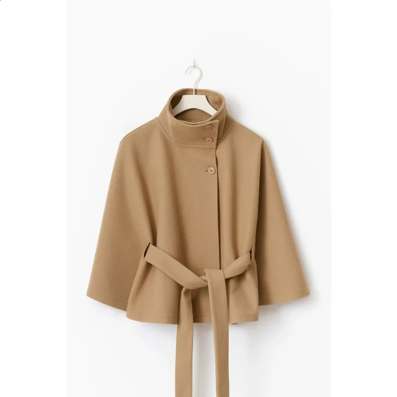 Womens Short Cape Coats For Women Belt Blends Autumn Winter Solid Elegant Cloak Jacket Ladies 2025 251018