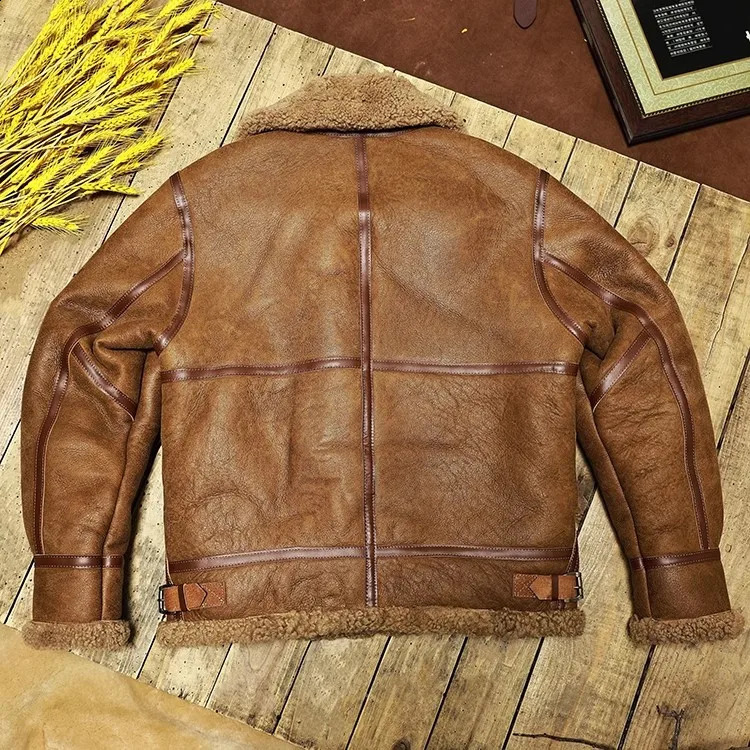 YRWholesales Matte real fur coatBrown Winter warm natural genuine leather jacketVintage B3 tpye sheep shearlingWool 251023