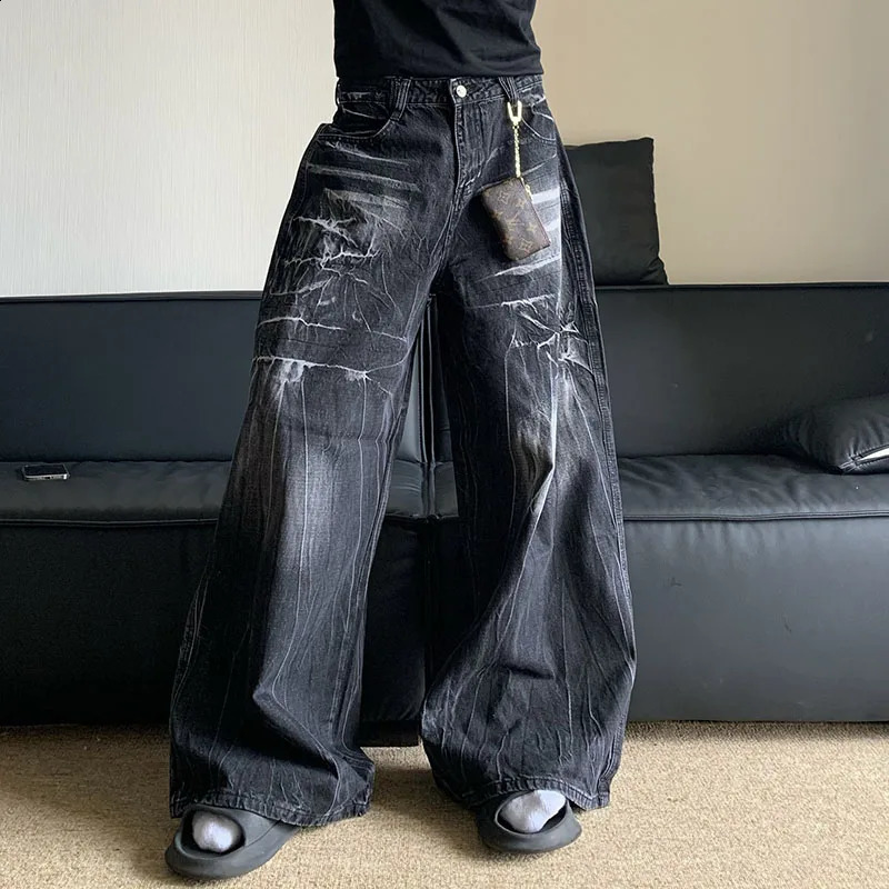 Autumn Winter Korean Vintage Jeans Lightning Pattern n MenS Loose Straight Leg Pants Casual Fashion Black 251018