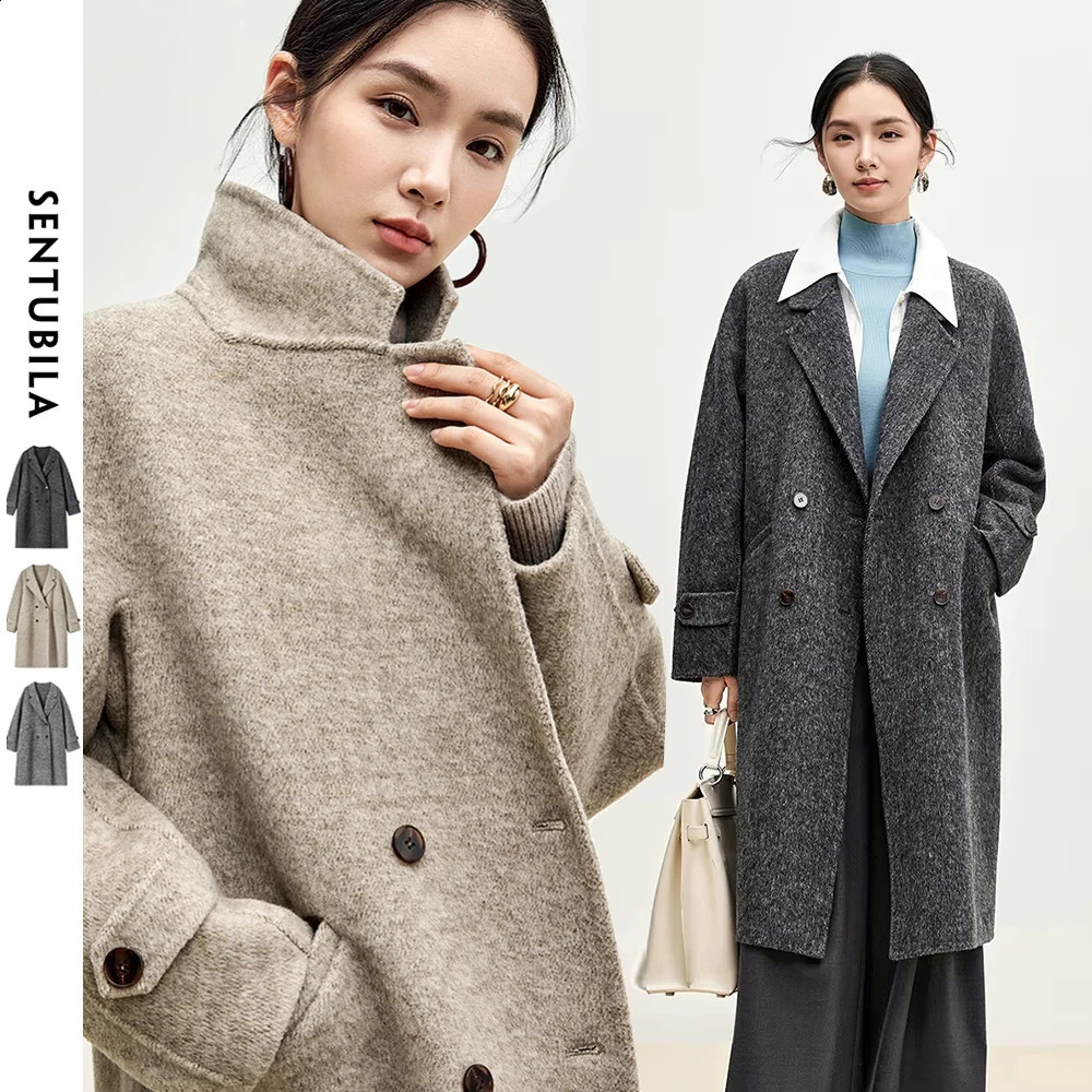 SENTUBILA Long Woolen Coats For Women Outerwear Winter y Warm Straight Double Breasted High Quality Overcoat W44O56042 251021