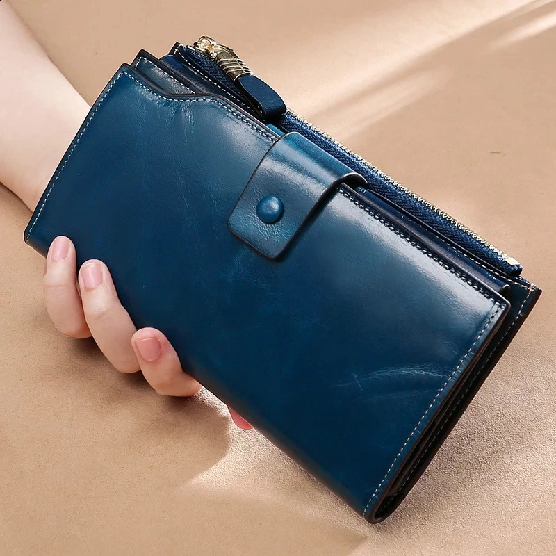 RFID Blocking 100 Genuine Leather Women Wallet Long Lady Purse Bag Oil Wax Card Holder Female Coin Clips251023