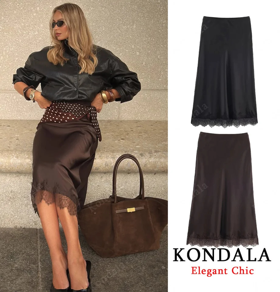 KONDALA Satin Lace Midi Skirt Womens Elegant y Dinner Dating Hem Autumn Fashion Party Ladies Brown 251022