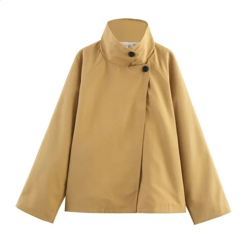 Solid Color Trench Coat Simple Fashionable Jacket Lady Loose High Collar Wind Protection Outerwear Streetwear 251018