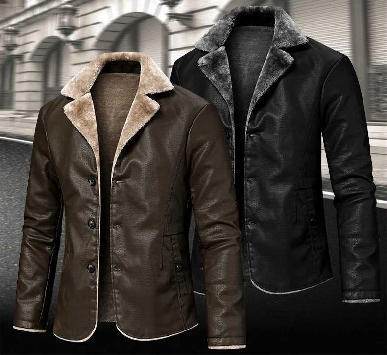 Autumn Winter Korean Style New Fashion Mens Turndown Collar Singlebreasted Casual Trendy Solid Color Faux Leather Jackets W251023