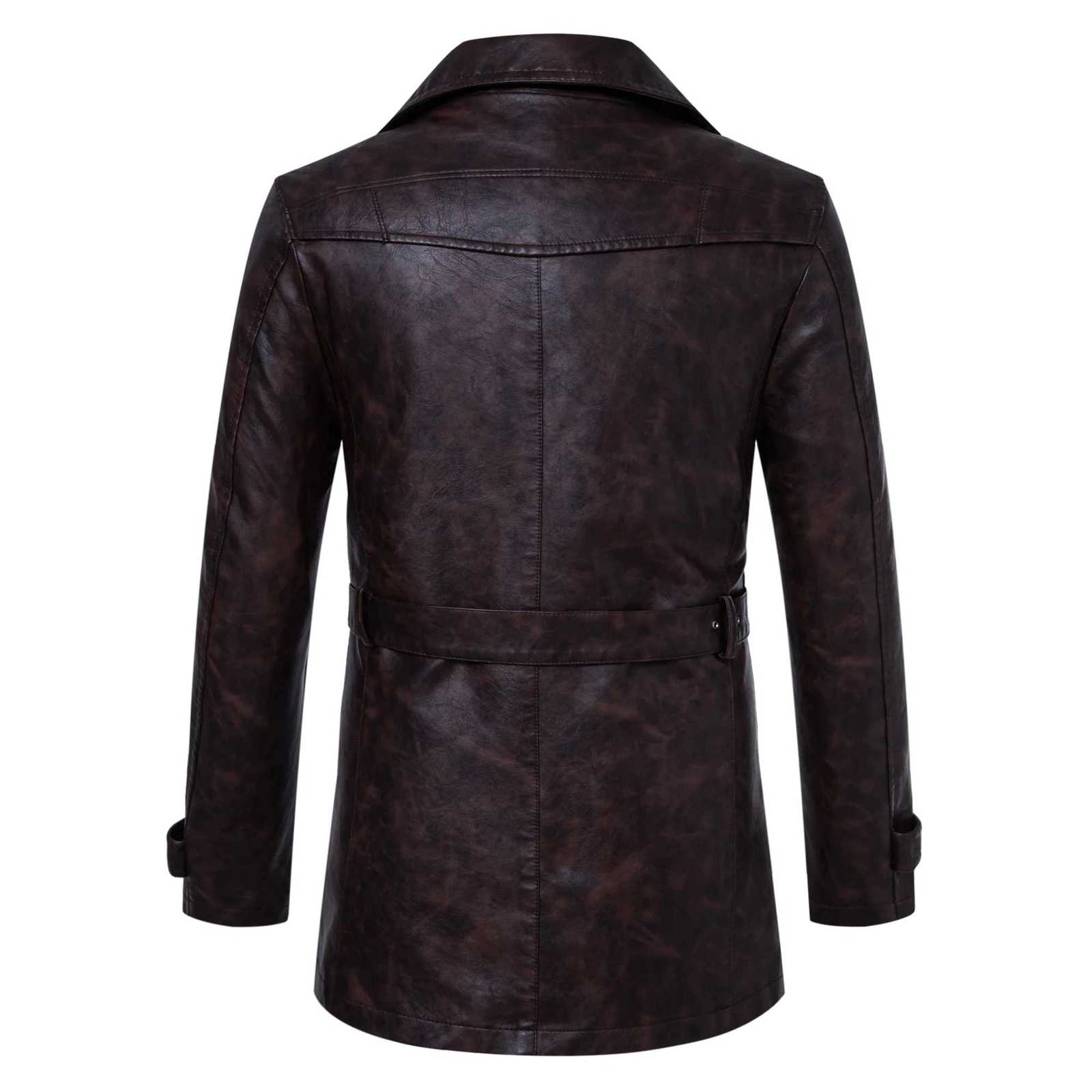 Mens midlength PU leather jacket with a detachable beltlapel trench coat for business casualurban commuting W251023