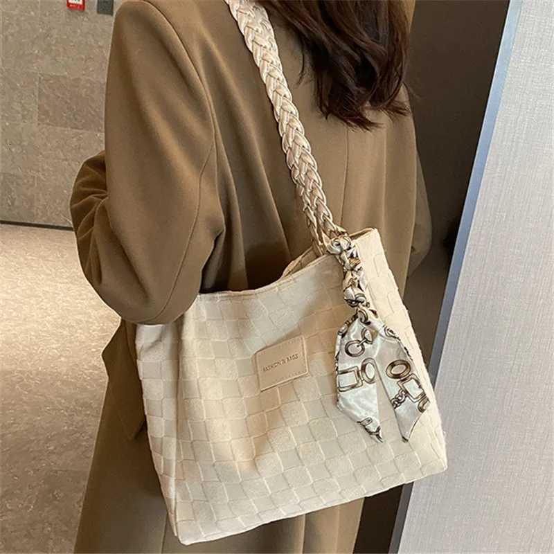 Casual Plaid Pattern Womens Tote Bag Solid Color All Match Commuter Handbag Shoulder Bag with Scarf DecorL251023