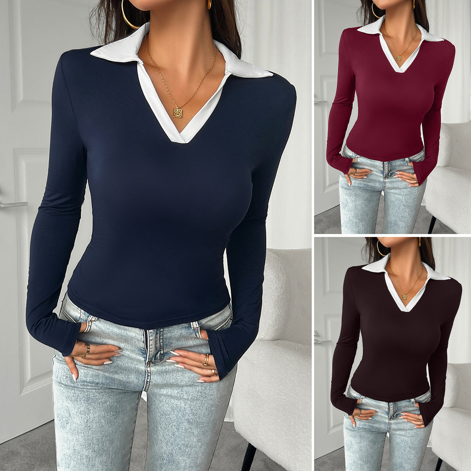Autumn/Winter Amazon European Cross-border Women's Stylish Slim-Fitting Unbuttoned Polo-Neck Knitted Top Women's Clothing