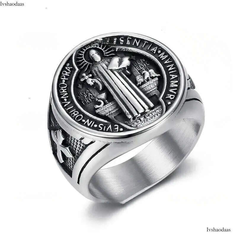 Titanium Steel Catholic Patron Saint St Benedict of Nursia Holy Medal Cross Round Finger Rings for Men Punk Jewelry