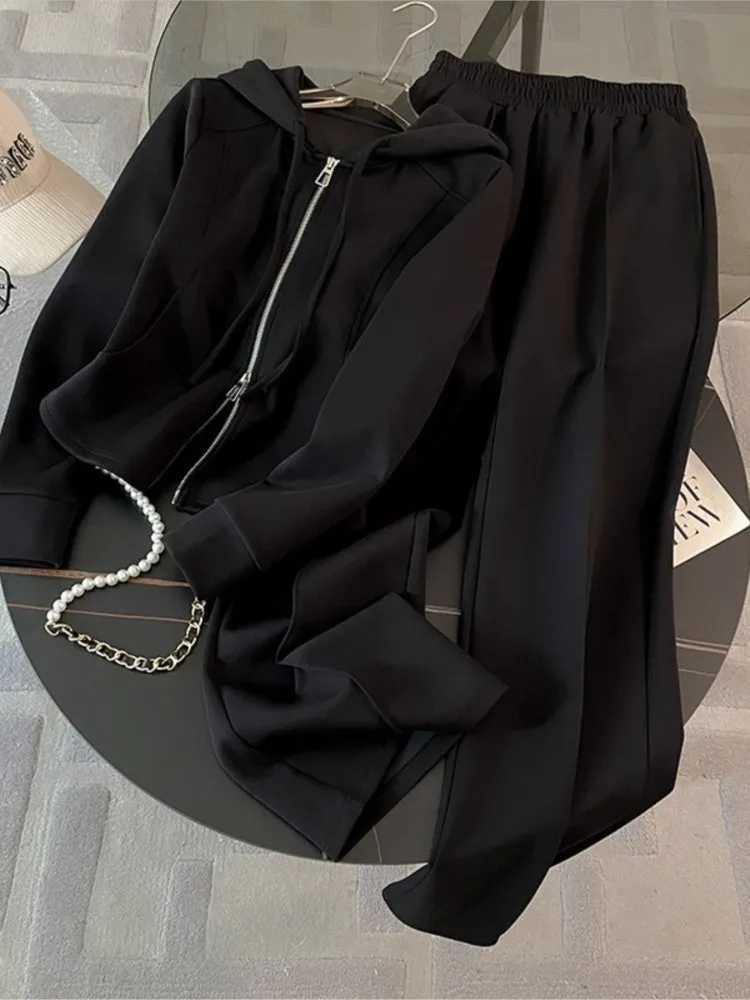 Fashion Solid Color Long Pant Twopiece Set For Woman Casual Hoodie Coats Wideleg Pants Suit Autumn Winter Ladies Office OutfitT251022