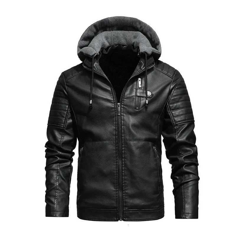 Fall Winter New Mens Leather Jacket Fleece Lined Hooded Leather Coat Youth Male Outerwear Casual Style Fake Leather Jacket W251023