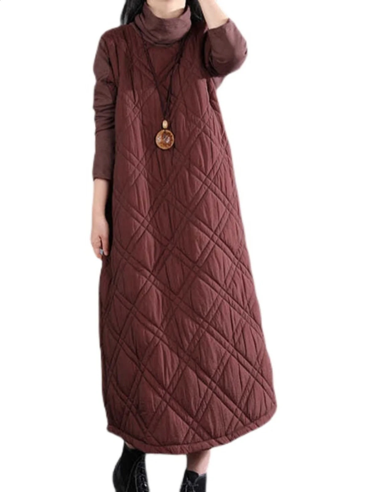 Retro High Collar Cotton Blend Long Dr Womens Loose Fit Thiened Autumn Winter Casual Sle ALine Skirt 251022