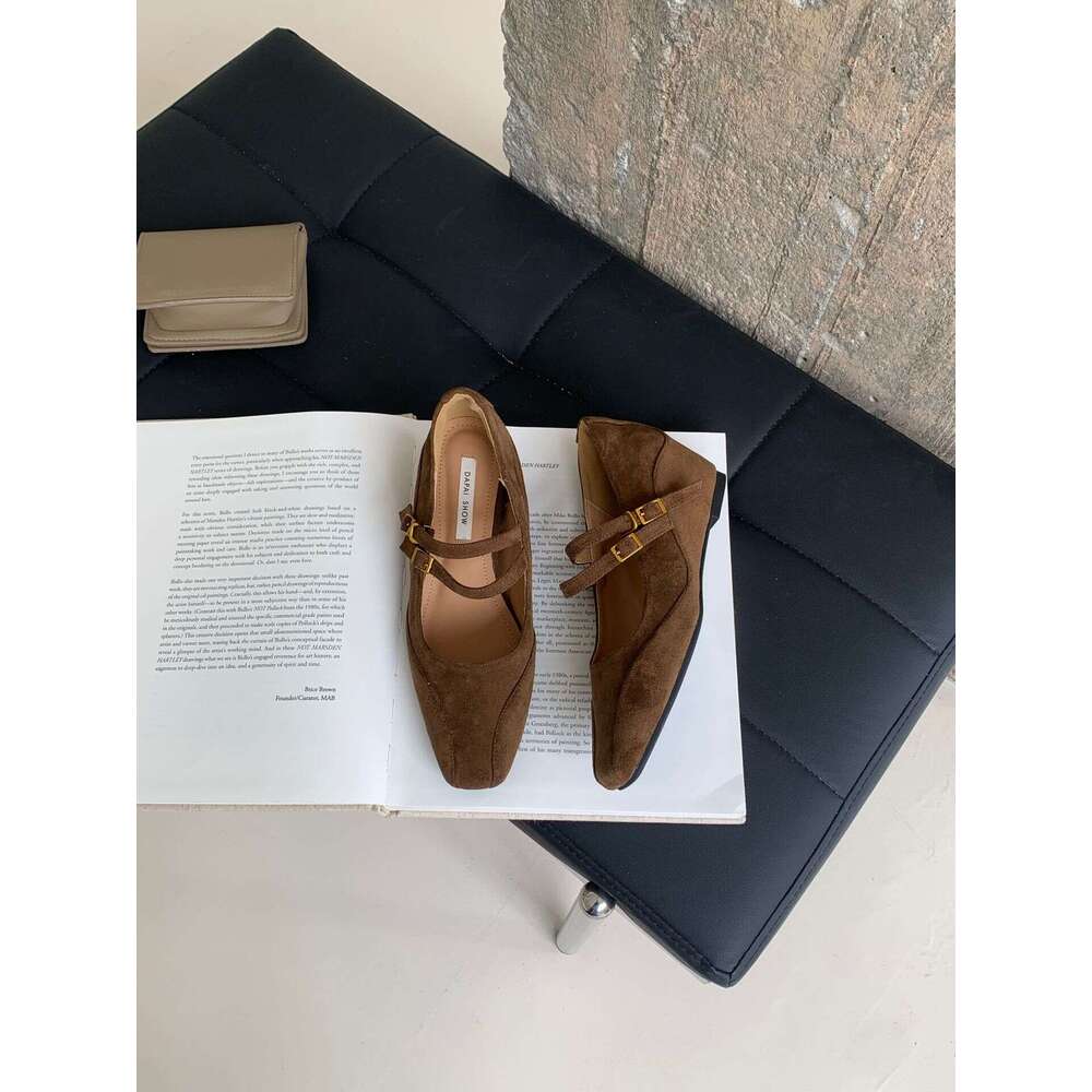 2025 Autumn New Women's British Style Suede Mary Jane Shallow Mouth Wedge Single Shoes Square Toe Small to Match Dresses Elegant Stylish Designer