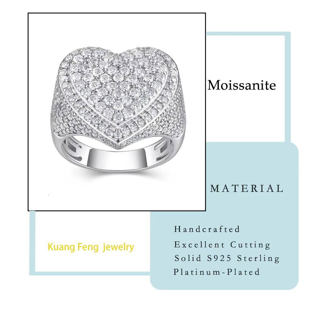 Mens Womens Full Iced out Heart Moissanite Ring 925 Silver Platinum Plated Hip Hop Statement Jewelry Accessories