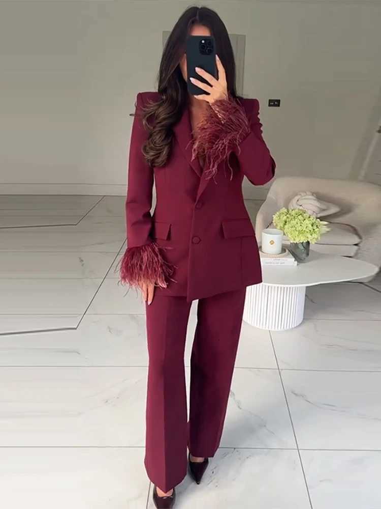 Fashionblazer Sets Women Pant Suits Lapel Long Sleeves Singlebreasted Feather Blazer High Waist Long Pants Female OutfitT251022