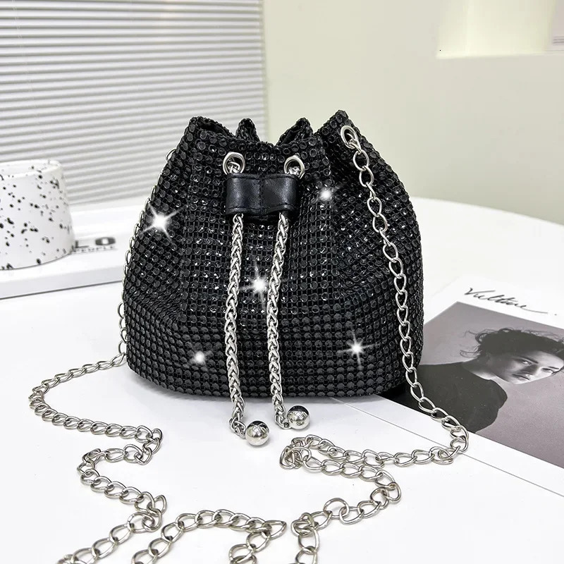 Sparkling Embellished Drawstring Crossbody Bag for Women MultiFunctional Bucket Purse with Detachable Chain Strap 251018