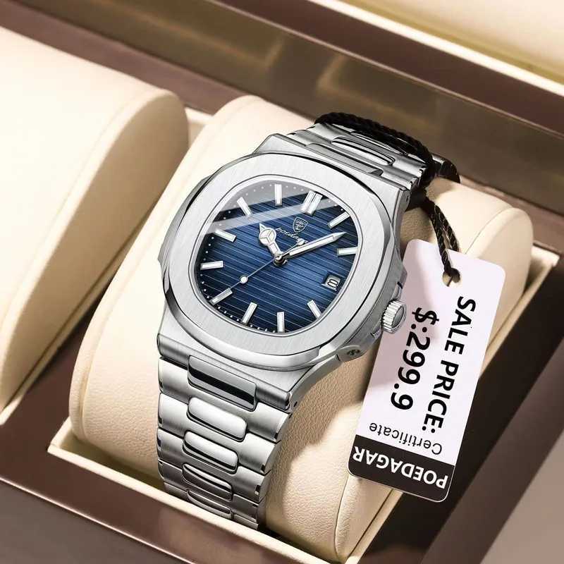 POEDAGAR Classic Blue Watch Business Waterproof Male Clock Luminous Date Stainless Steel Square Quartz Men Watch reloj hombreL251023