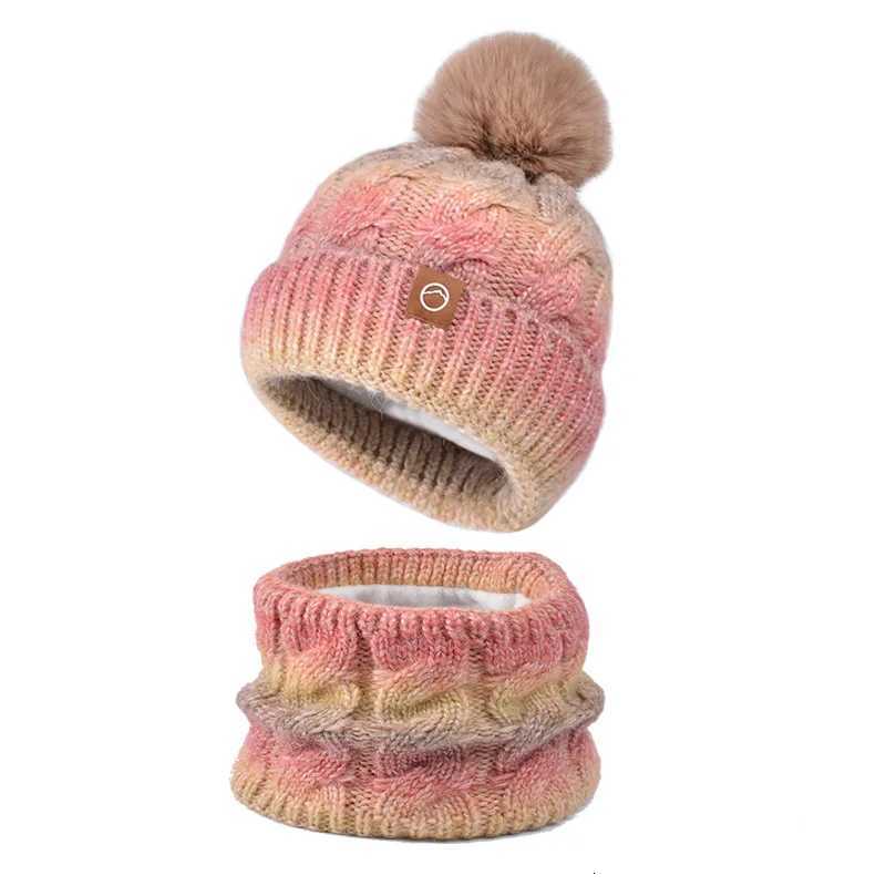 Winter Lady Warm Hat Scarf Twopiece Set Fece Thicke Gradual Change Color Knitted Skiing Hat Fashion Plover Hat for WenW251023