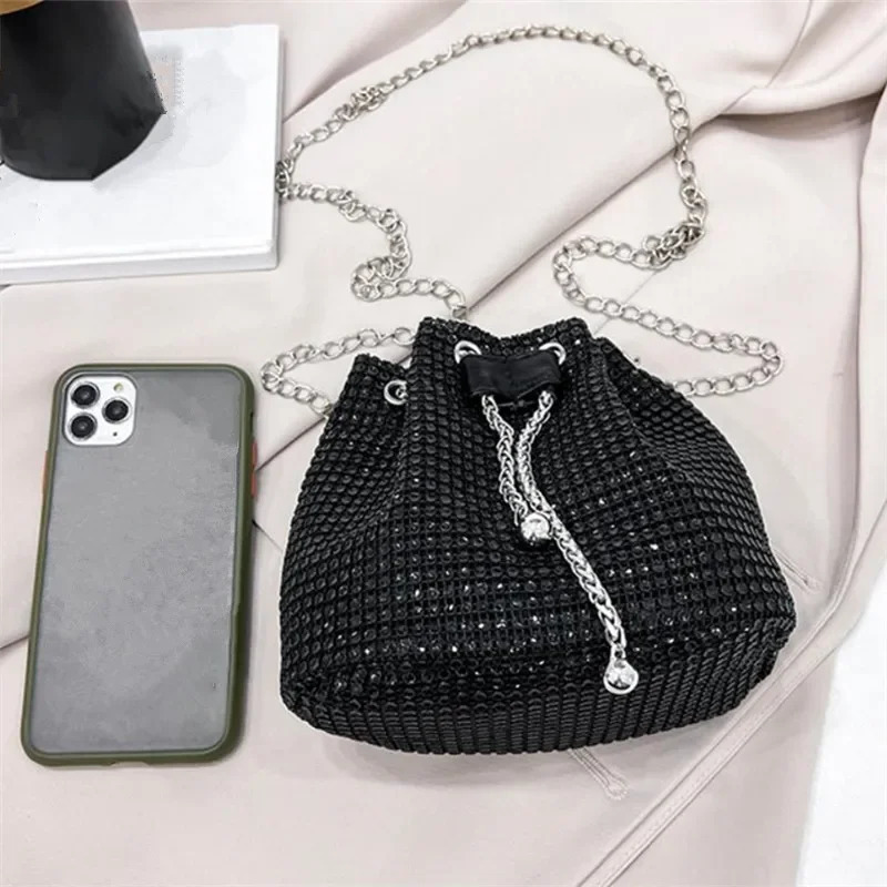 Sparkling Embellished Drawstring Crossbody Bag for Women MultiFunctional Bucket Purse with Detachable Chain Strap 251018