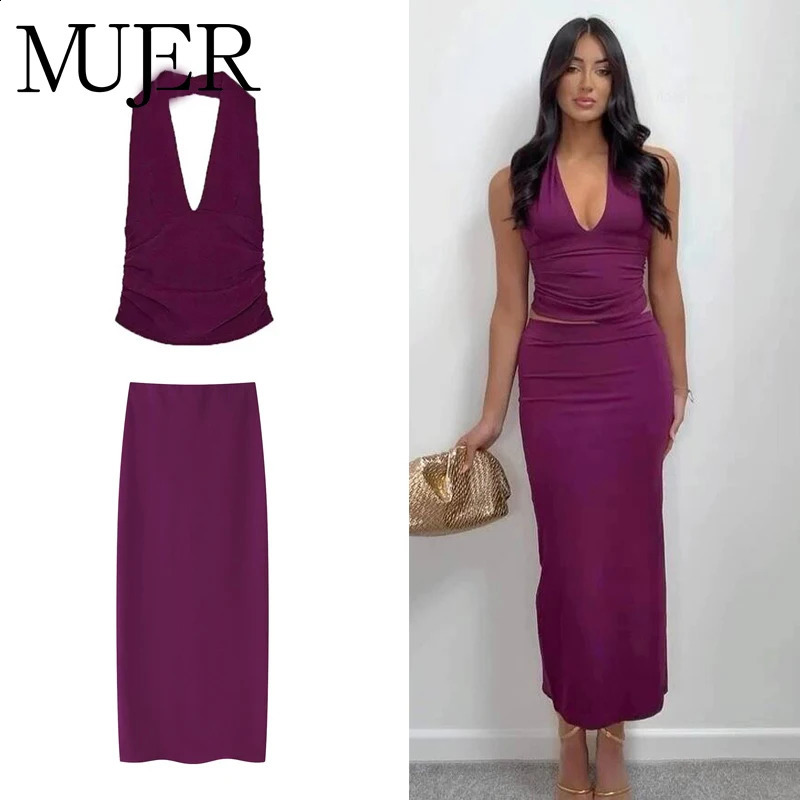 MUJER 2025 Womens Skirt 2 Piece Set Halter Crop Top Female High Waist Midi Skirts Sets for Women Backless Tops Two Outfit 251016