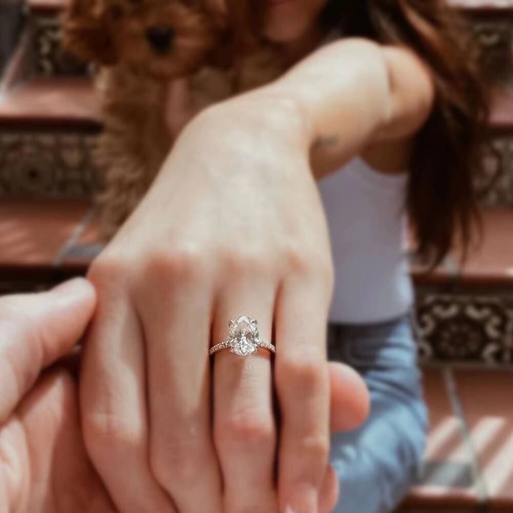 OLAN Luxury 35CT 925 Sterling Silver Rhodium Plated Oval Cut Moissanite Engagement Wedding Rings with Prong Setting for Women