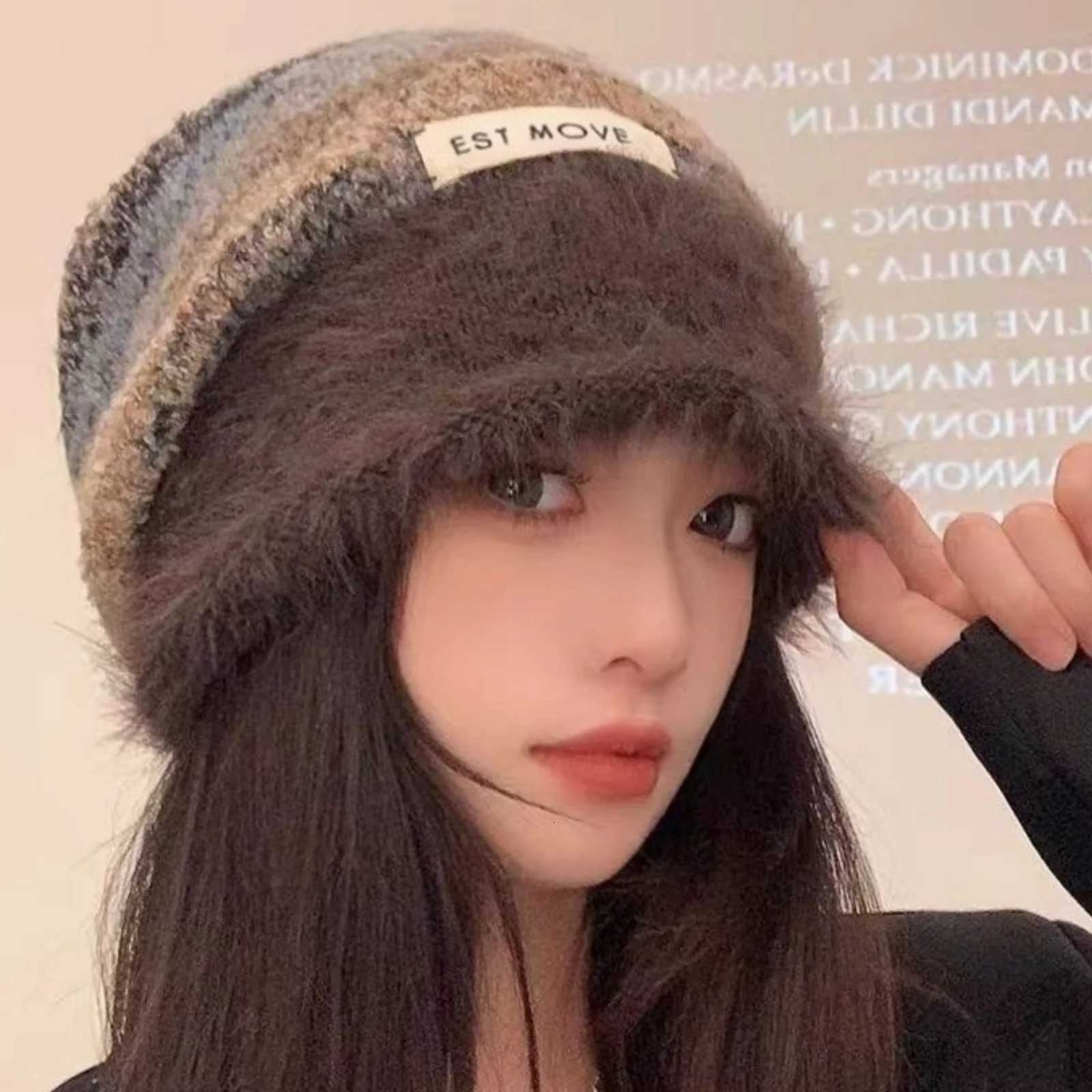 1PC Furry Knitted Beanie Hat Warm Striped Winter Cap Trendy Casual Headwear For Women Cross Border Fashion AccessoryXJ251023