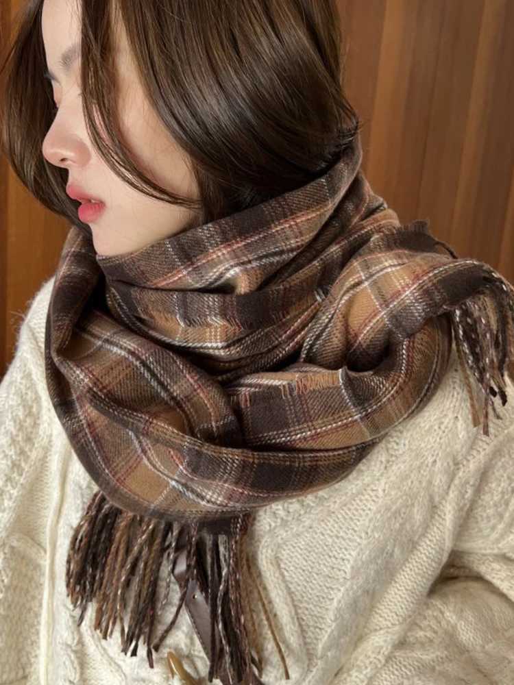 New 2023 Imitation Cashmere Women Scarf Winter Preppy Style Vintage Plaid Scarve Mujer Foulard Blanket Wrap Shawl Pareo J251113