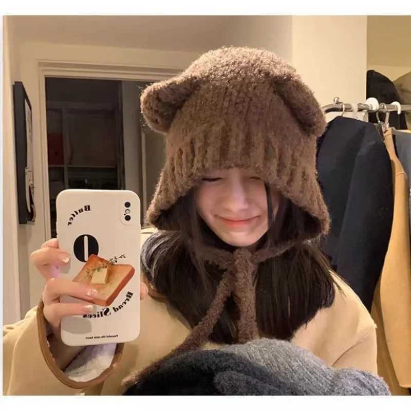 Bear Ears Hat Korean Version Ins Cute Knitted Rope Hat Autumn and Winter Warm Ear Protection Knitted HatW251023