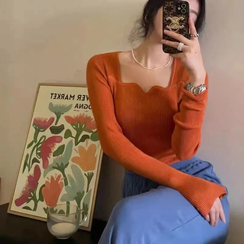 Knitted Pullovers Women Vintage Solid Sweaters Autumn Winter Korean Elegant Slim Knitwear Square Collar All Match Jumpers 251023