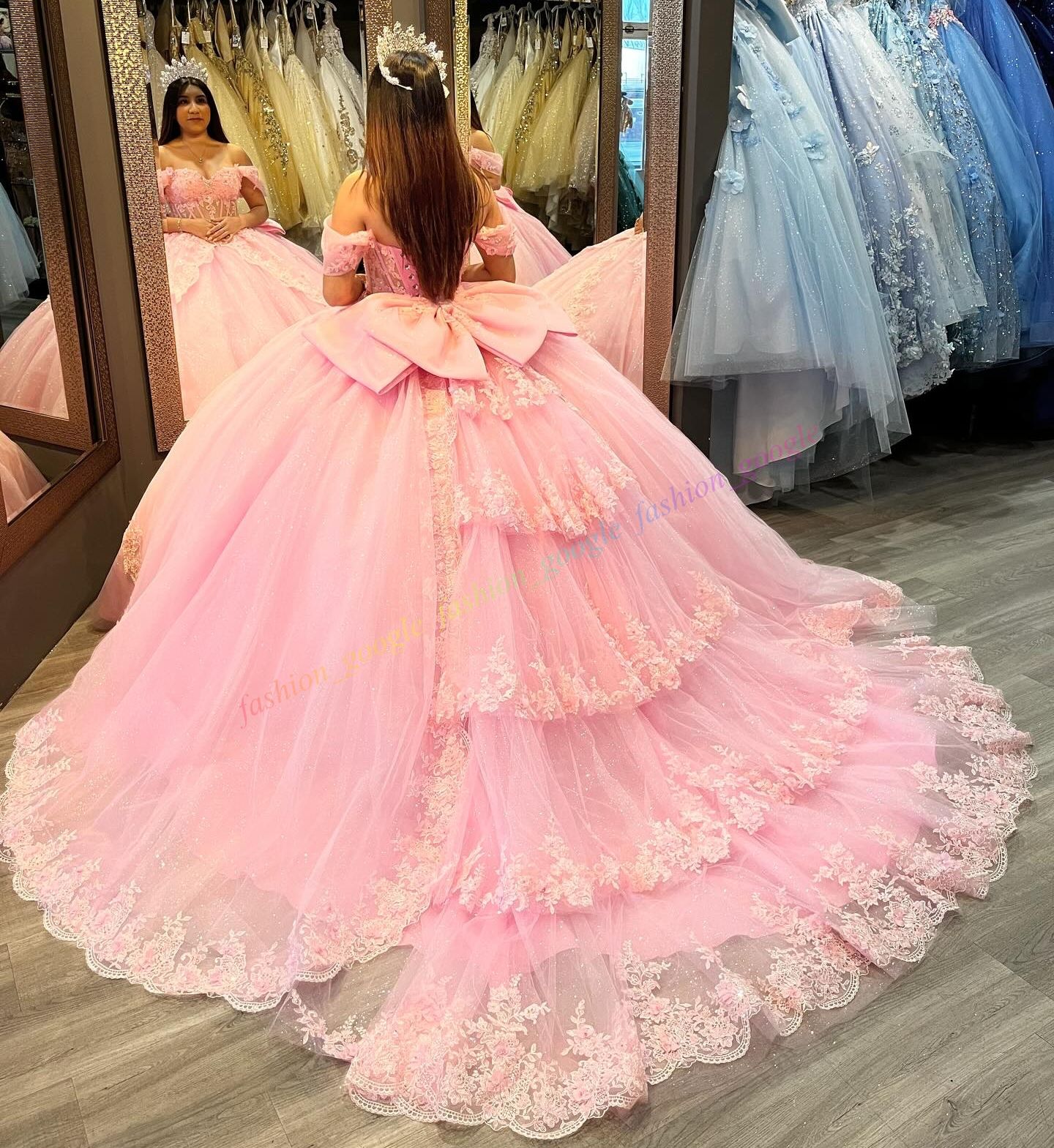 Glitter Pink Quinceanera Dress Sheer Corset Mexican Quince Sweet 15/16 Birthday Party Ball Gown Girl Drama Gala Off-Shoulder Pannier-Inspired Gathered