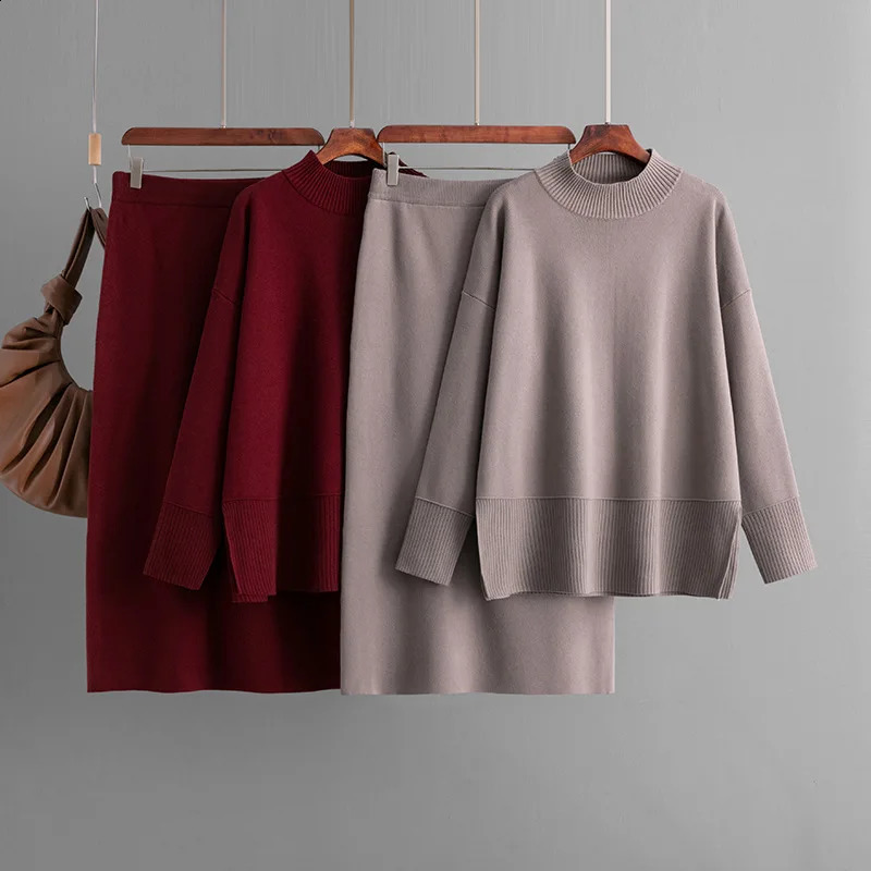 Korean Solid Knitted 2 Piece Sets Women Oneck Long Sleeve Knitwears Sweater Pullover Tops Conjuntos Casual Split Skirts Outfit 251022