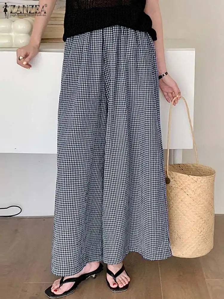 Vintage Checked Pants ZANZEA Women Stylish Wide Leg Pant Elegant High Waist Office Trousers Casual Loose Grid Pantalon Oversize 251016