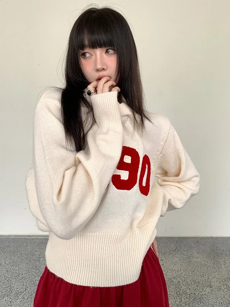 Autumn Y2k Aesthetic Harajuku Letter Patchwork Pullovers Womens Casual Sweater Sweet Vintage Grunge Crop Tops V Neck Streetwear 251023