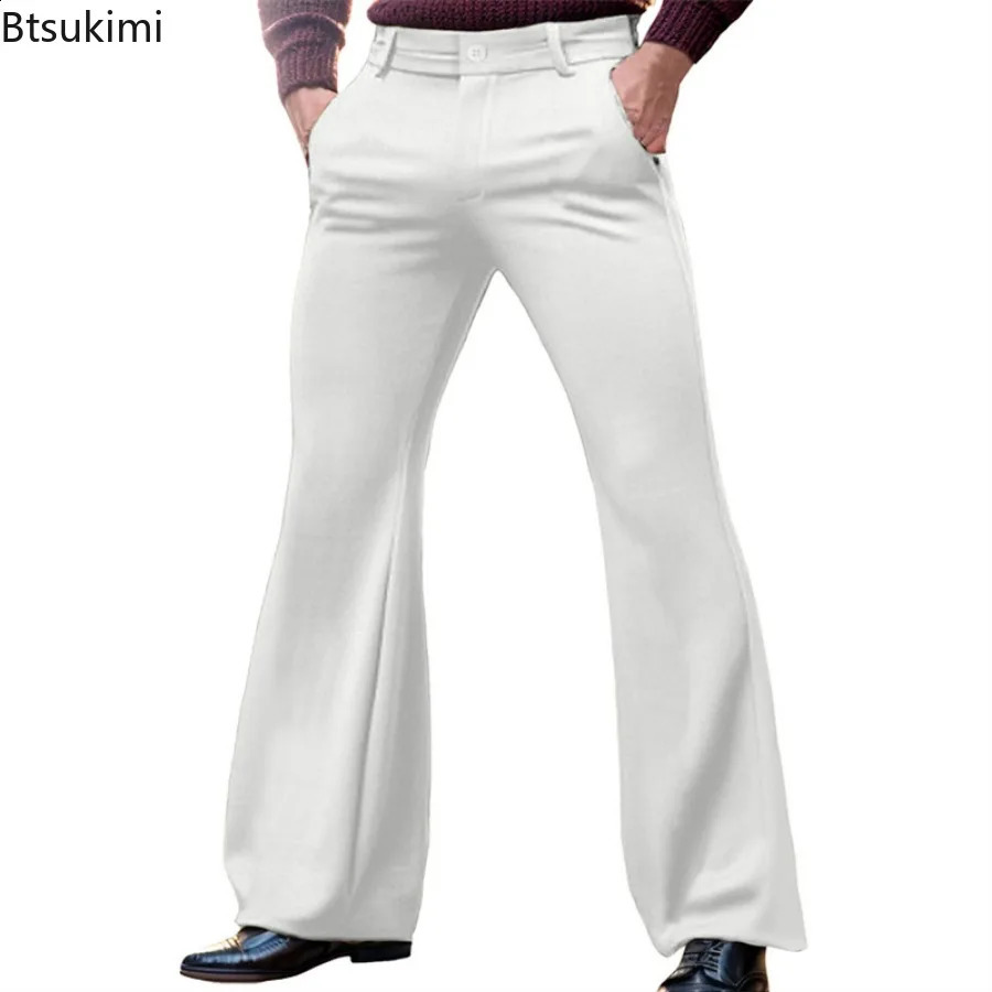 Mens Elegant Flare Pants Solid Basic Stretch Trouser for Wedding Party Club Plus Size Buttons Up Business Male 251023