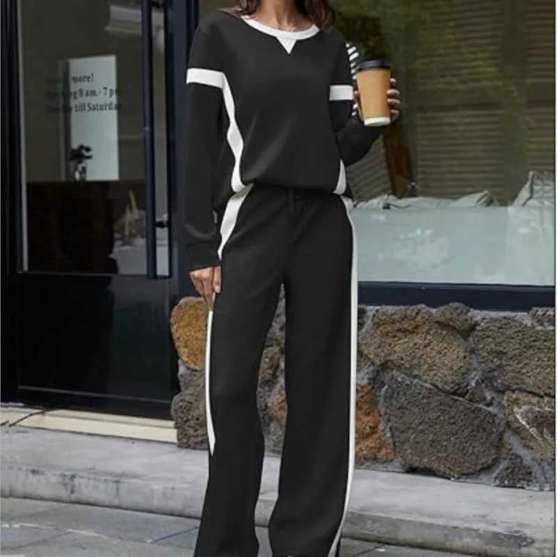 Womens Casual Sports Style Twopiece Fashionable White Striped Patchwork Longsleeved Top Paired With Loose Wideleg Pants SuitT251022