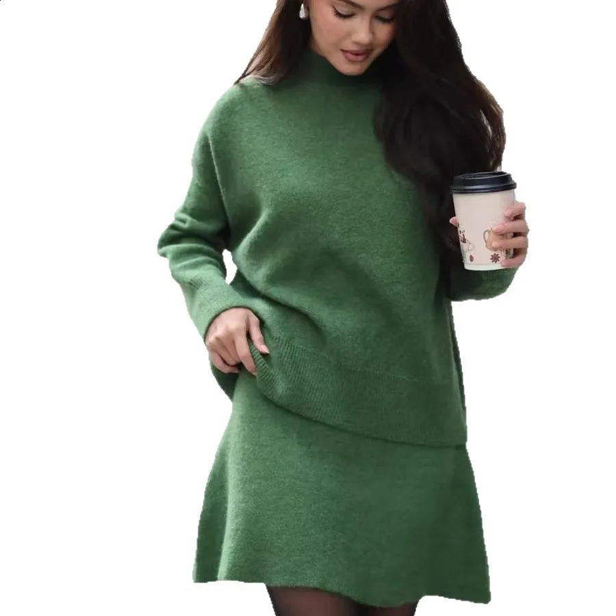 Semiturtle Neck Suit Skirt Autumn and Winter Loose Knit Top Aline Knitted Womens Twopiece 251022