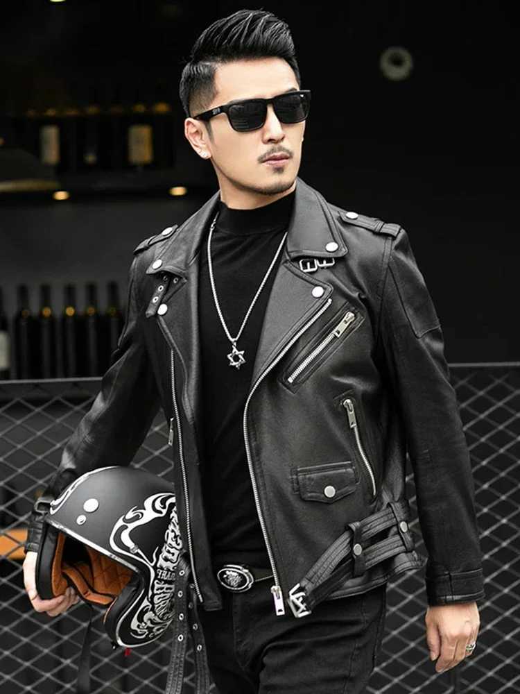 Long Sleeve Belt Plus Size European Fashion brand Spring Autumn Short Cool Black Leather Biker Jacket Men Zipper leather jackets W251023