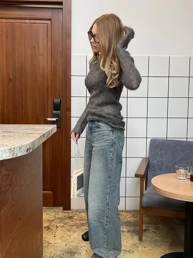 Fashion Solid Round Neck Thin Knitted Sweater Elegant Long Sleeve Bodycon Pullover Autumn Lady Commuting Street Outwear 251027