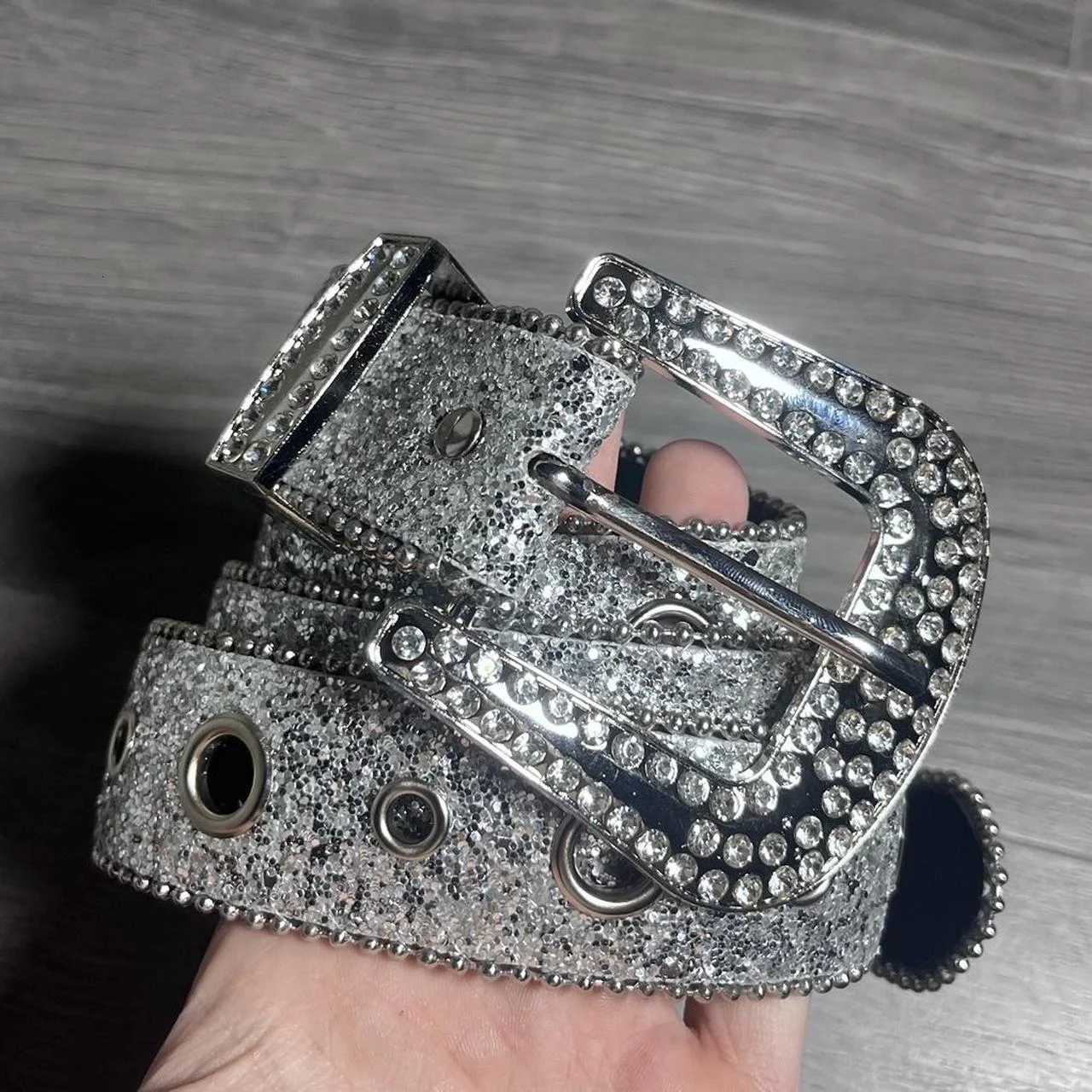 Unisex Silver bling Silver belt Rhinestones Studded Metal Pin Buckle PU Leather Belt Jeans Waistband for Men and WomenXJ251023