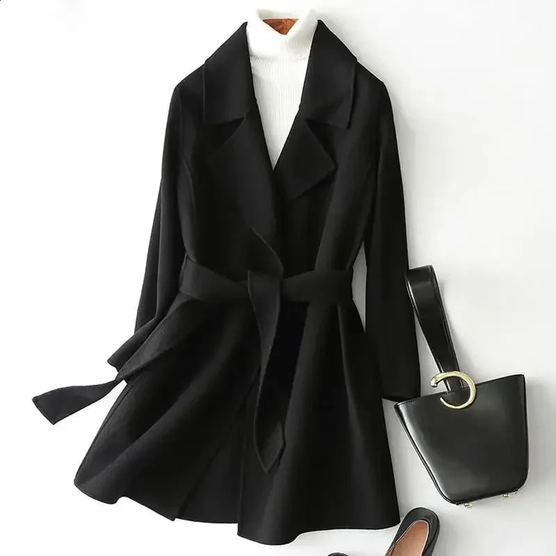 Plus Size Autumn Winter Womens Woolen Coat Belted MidLength Jacket Khaki Color Brick Red Black Fashionable Oute 251018