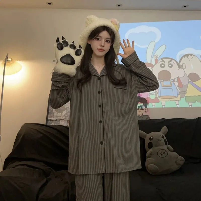 Couple Pajamas for Men Striped Sleepwear Korean Sleeping Night Wear Button Pijama 2 Pcs Pants Sets Autumn Pocket Home Suit 251021