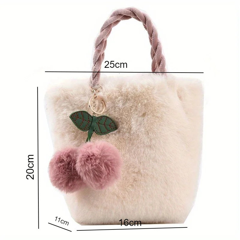 Cute Fashion Shoulder Bags Cherry Plush Tote Bag For Women Winter Warm Fluffy Bucket Simple Handbag 251018